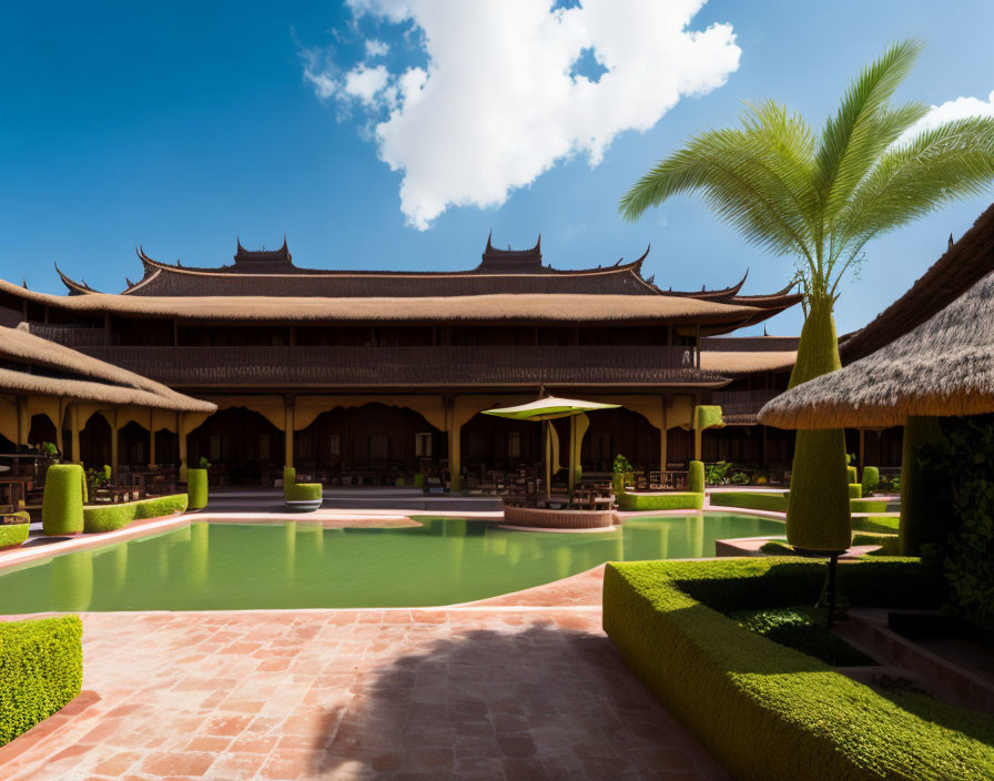 Tranquil resort pool with manicured hedges and traditional roofed building