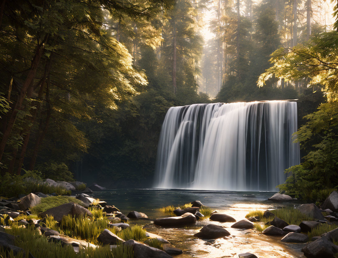 Forest waterfall scene with sunlight and mist in tranquil pool