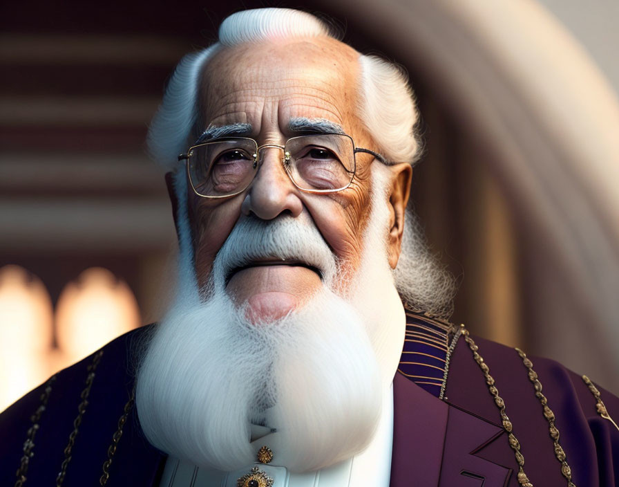 Elderly animated character in purple and gold robe with white beard and glasses