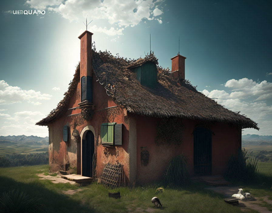 Thatched roof countryside house with green shutters and antler decor in serene hilly setting