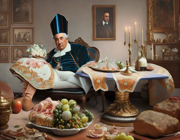 Regal man at lavishly set table with opulent spread and portrait.