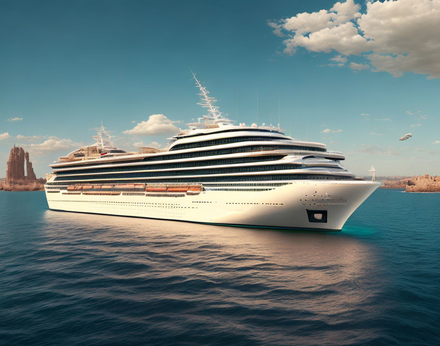 Luxury cruise ship on calm waters with rocky landforms in the background