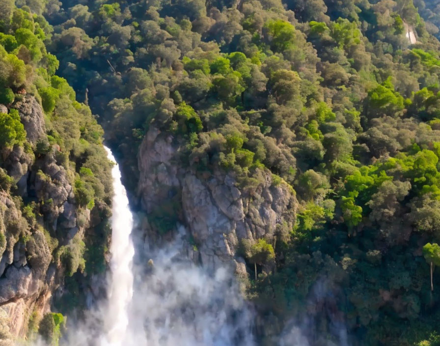 Scenic waterfall in lush green forest with rising mist