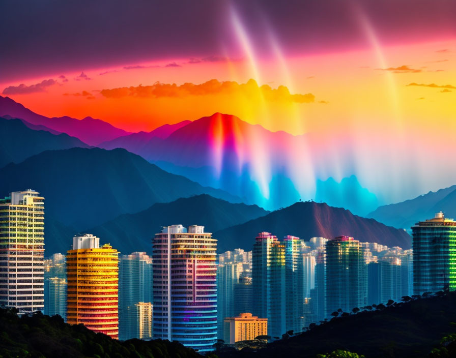 Colorful sunset over city skyline with mountain silhouettes