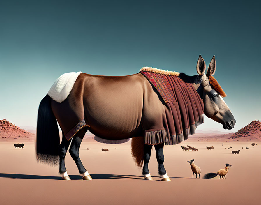 Surreal horse-donkey hybrid in desert landscape with figures