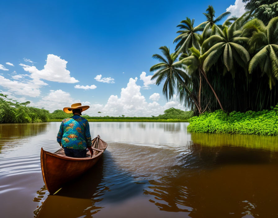 Person in sombrero canoeing on calm river surrounded by lush greenery and palm trees under clear blue