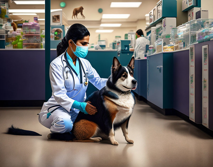 Veterinarian in lab coat examines healthy dog in vet clinic