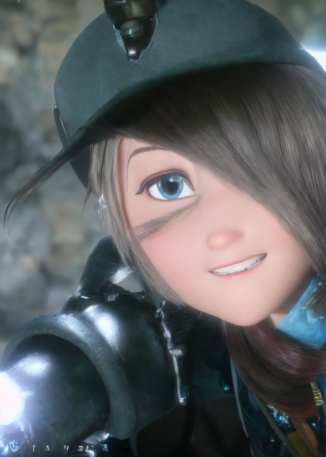 Close-up of 3D animated character with green hat, blue eyes, smile, armor, and