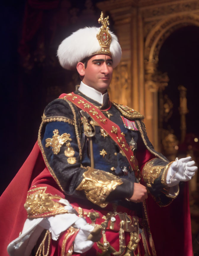 Ceremonial uniform with fur hat, cape, and medals against regal backdrop