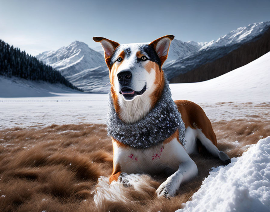 Dog with human-like face in scarf in snowy mountain landscape