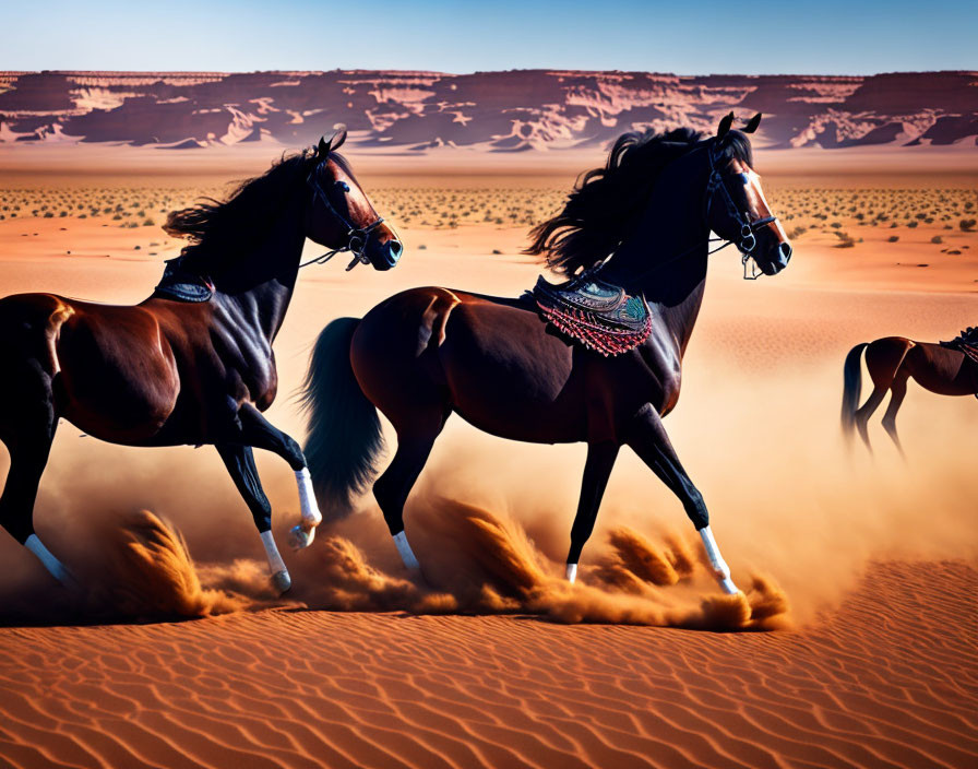 Decorative harnessed horses galloping in sandy desert with dunes under clear sky