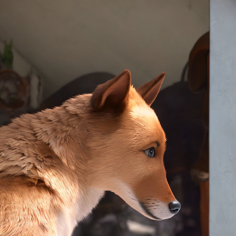 Detailed 3D-animated tan fox with realistic fur and blue eye under warm indoor light