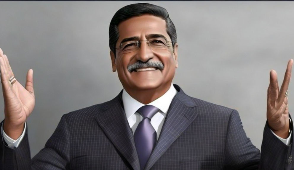 Smiling man in suit with mustache gesturing hands up