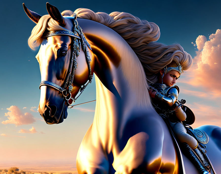 Armored warrior riding majestic horse in fantasy sky.