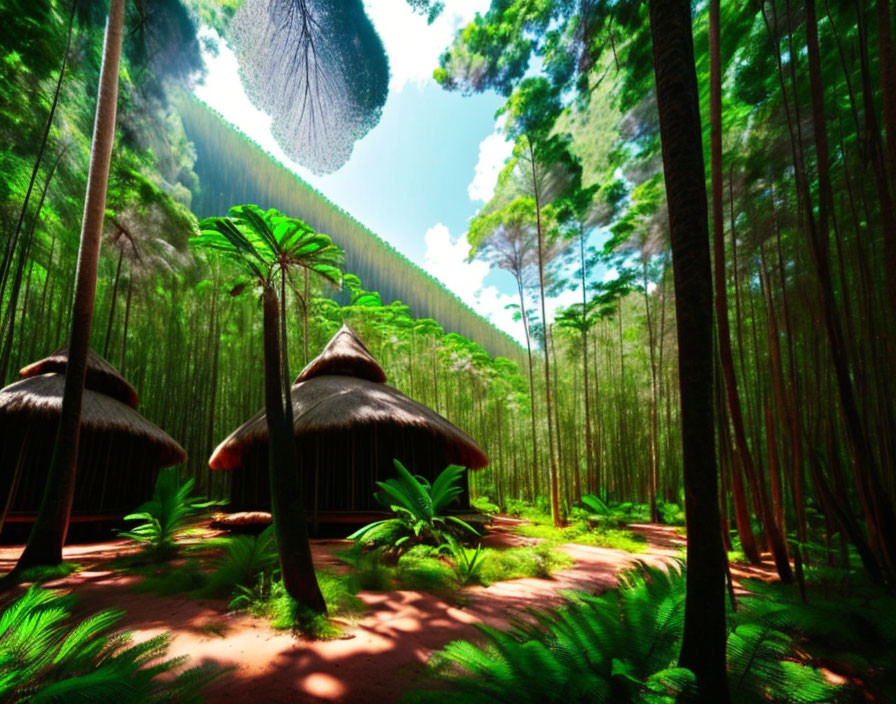 Green forest with tall trees, sunlight, thatched huts, and ferns.