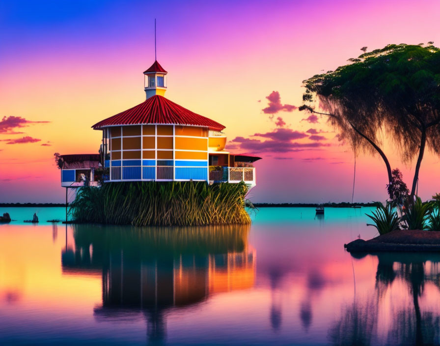 Scenic sunset over calm lake with house and trees on island