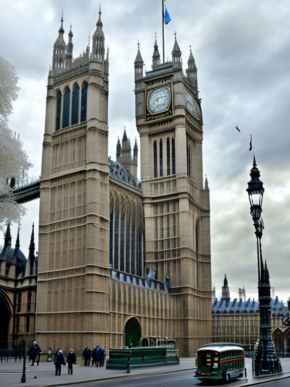 London's Big Ben tower with vintage bus and pedestrians under cloudy sky