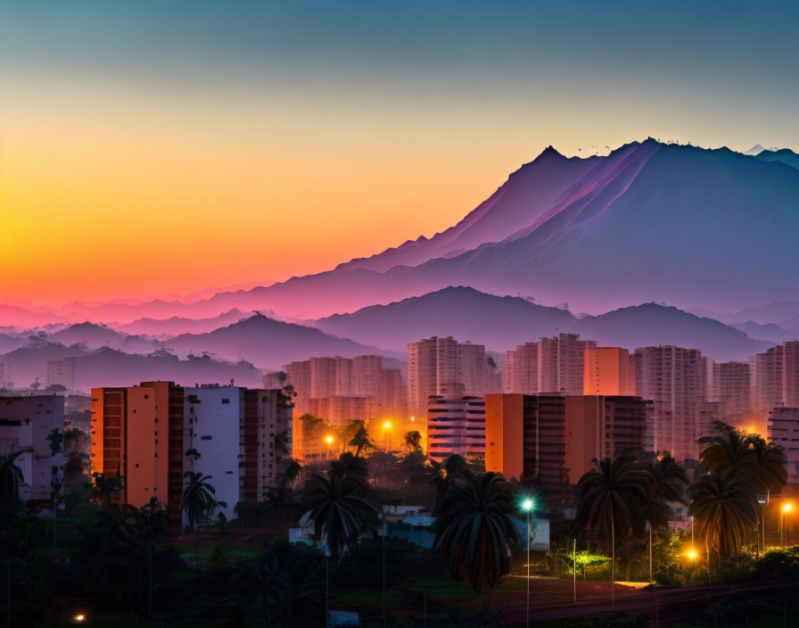 City skyline at dusk with buildings silhouetted against orange sky and majestic mountain range