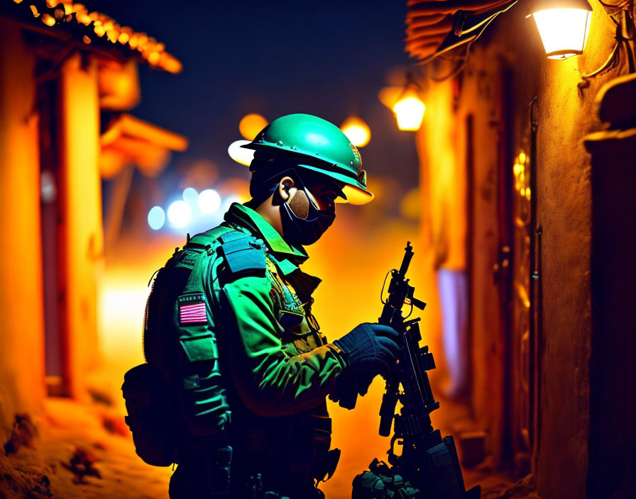 Soldier in tactical gear with rifle in dimly lit alley