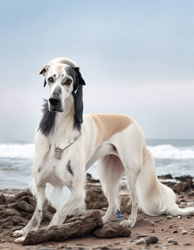 Long-haired black and white dog on beach with pendant, ocean, and cloudy sky