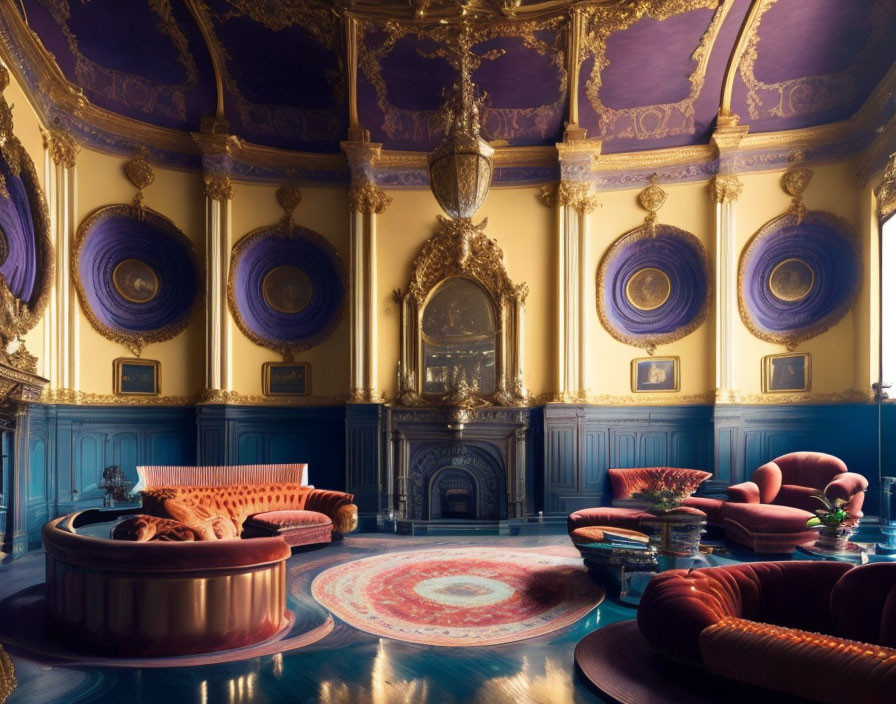 Luxurious Purple and Gold Room with Velvet Sofas and Ornate Fireplace