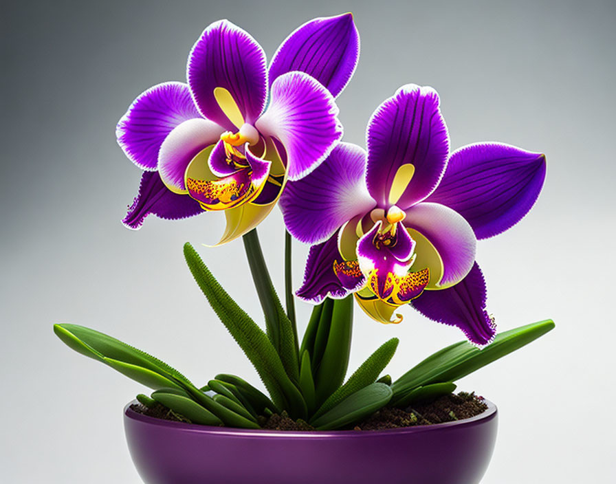 Vibrant purple and yellow orchids in a purple pot on gray background