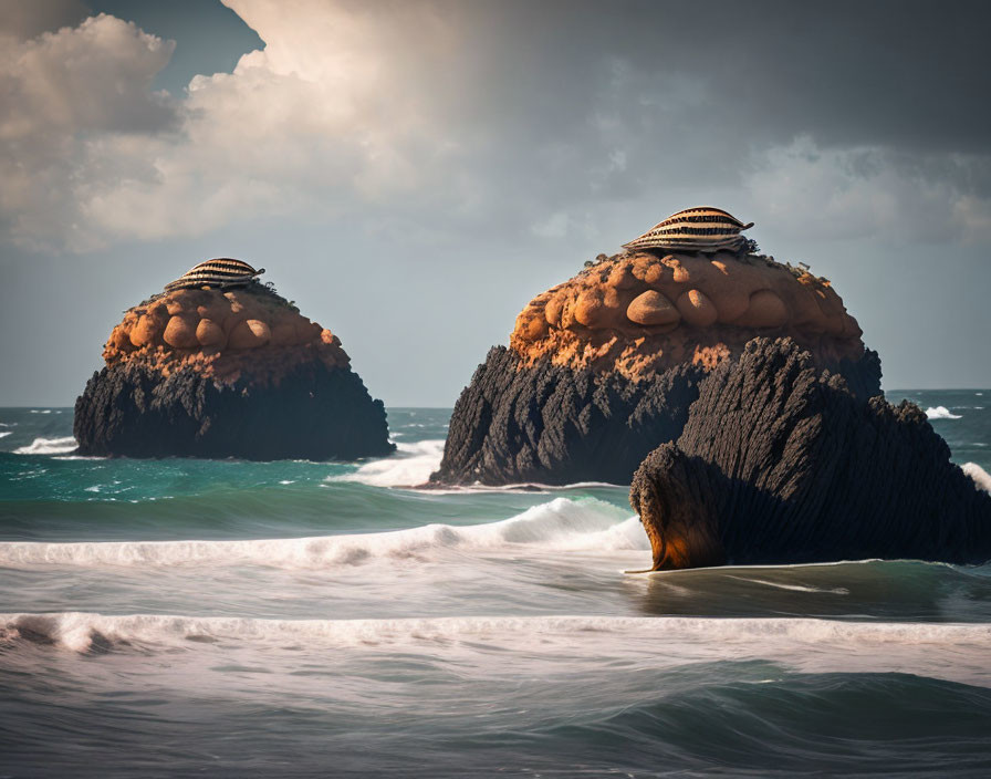 Unusual rock formations with spherical objects and grid-like structures in the sea