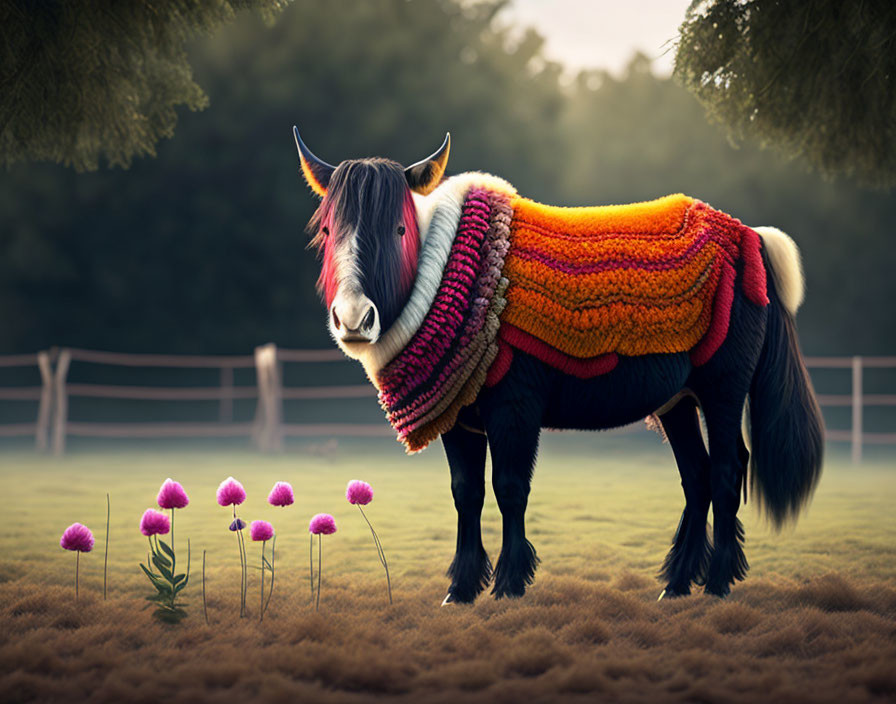 Colorful Knitted Blanket on Horse in Serene Field