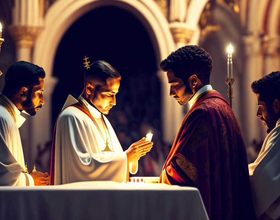 Candlelit religious ceremony by priests in liturgical vestments