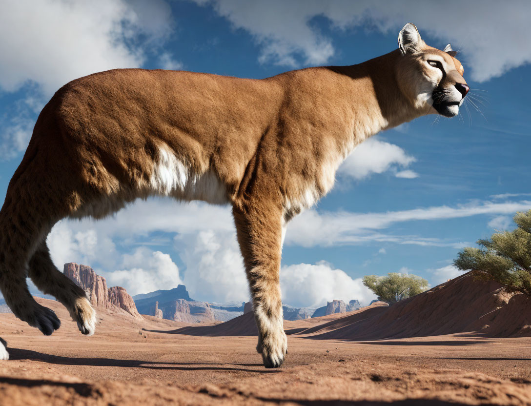 Mountain lion stretching in desert landscape under blue skies