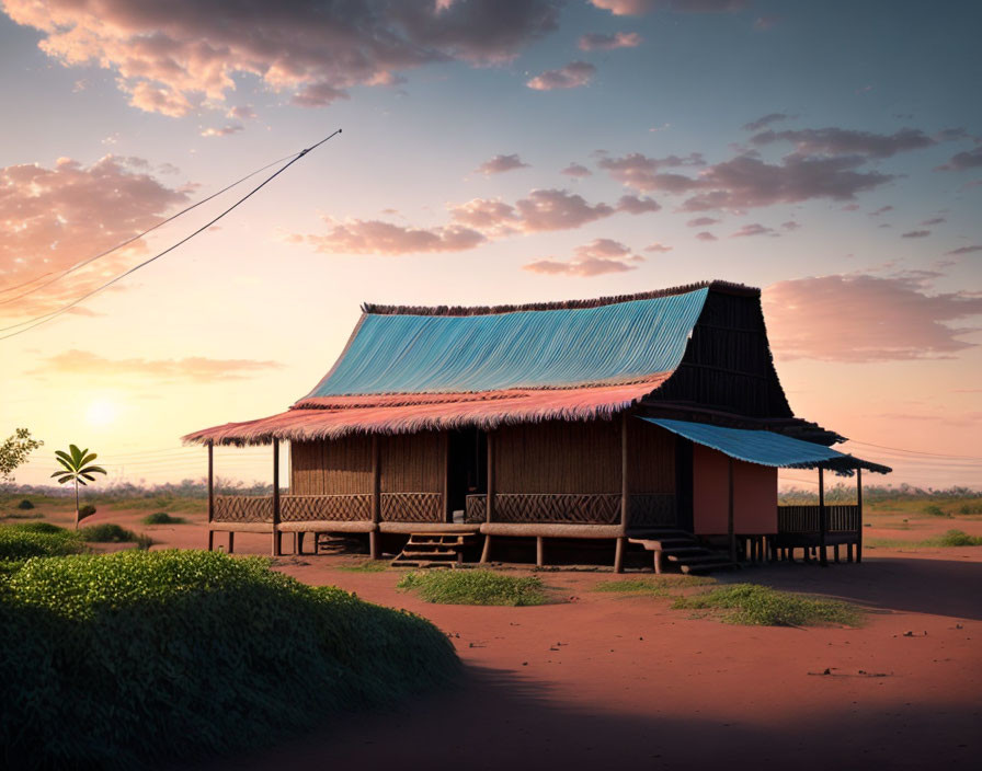 Traditional Bamboo House on Stilts with Thatched Roof in Serene Sunrise Landscape