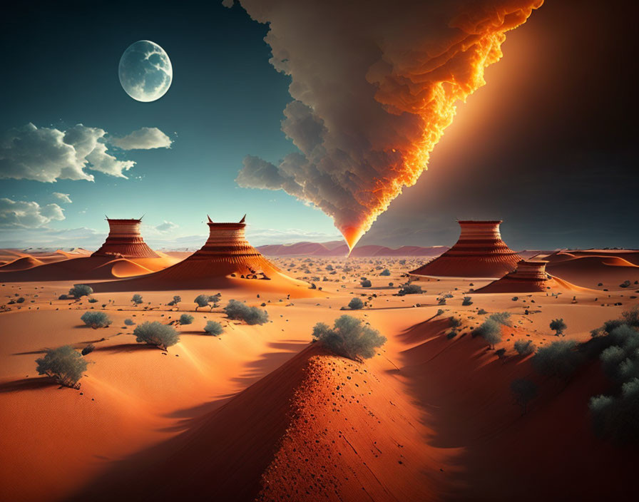 Surreal desert landscape with funnel-like structures, comet, and full moon