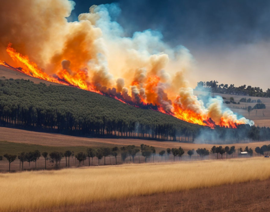 Intense forest wildfire with orange flames and smoke on hill