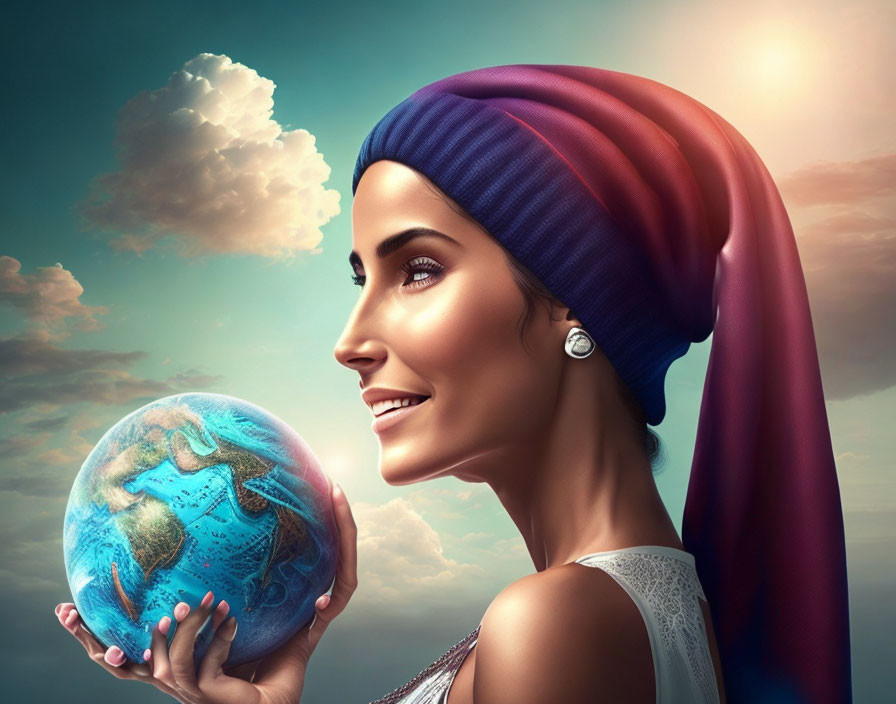 Colorful Headscarf Woman Holding Detailed Earth Against Sky Background