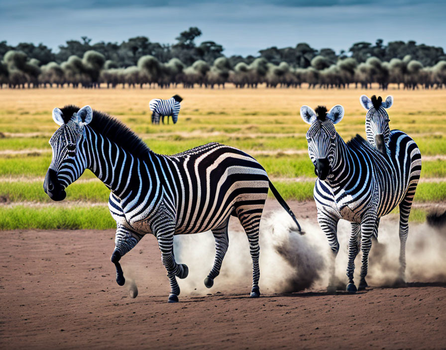 Zebras running on savannah with trees and sky in background