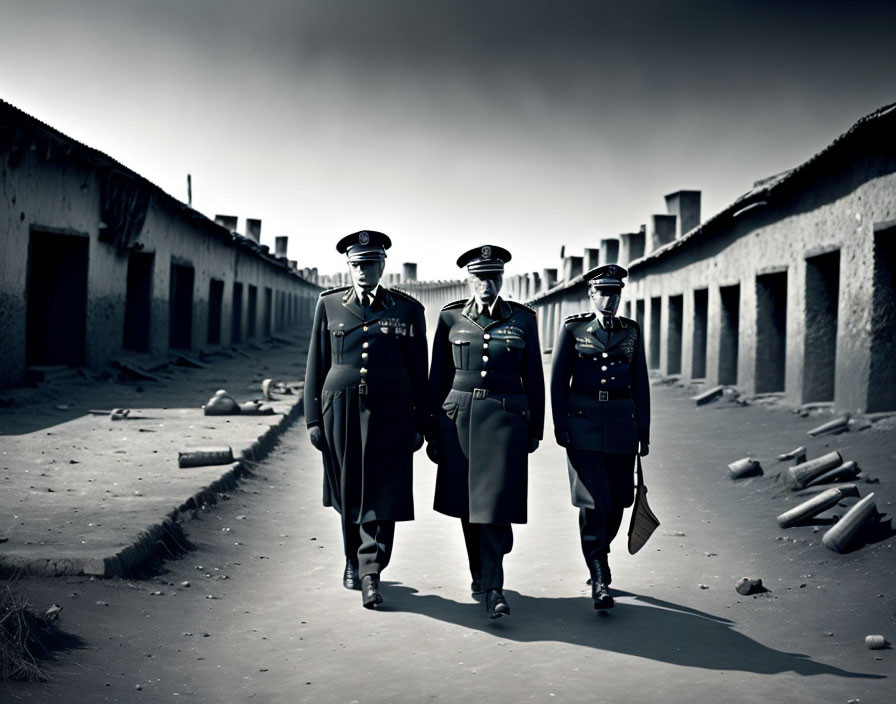 Three military officers in uniform walking through war-torn landscape.