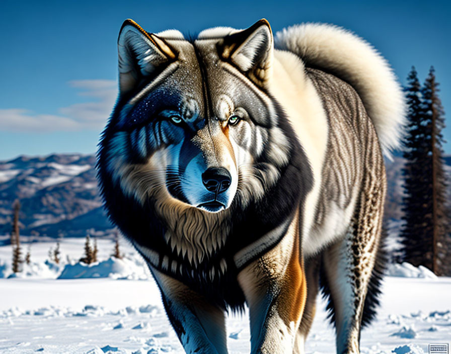 Majestic wolf in snowy landscape with pine trees and mountains