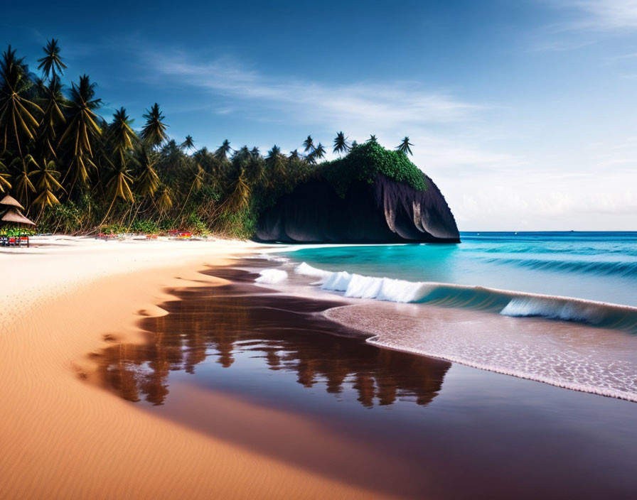 Scenic tropical beach with lush cliff, palm trees, golden sand, and gentle waves