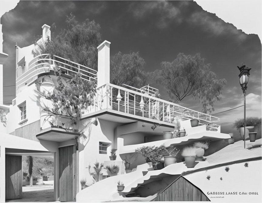 Monochrome image of multi-level building with balconies, plants, and street lamp under cloudy sky