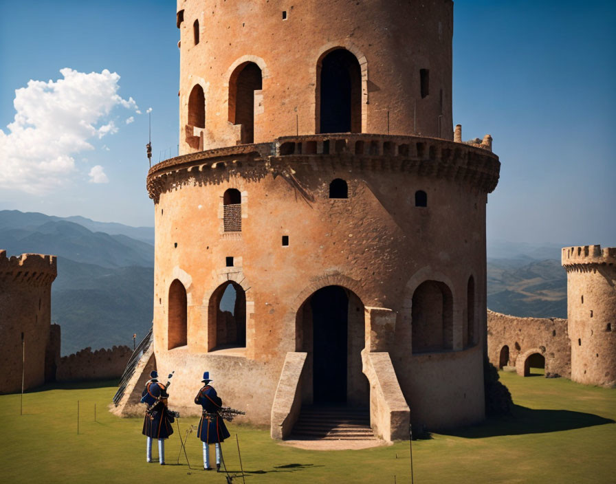 Traditional uniformed guards at ancient round tower under clear blue sky