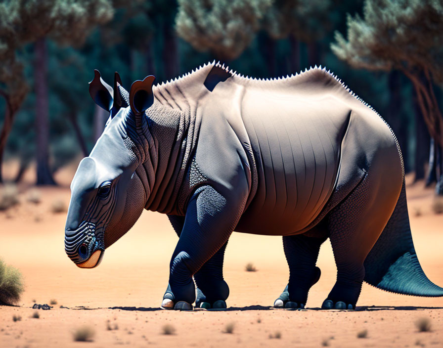 Digitally altered rhinoceros with enhanced muscles in desert landscape