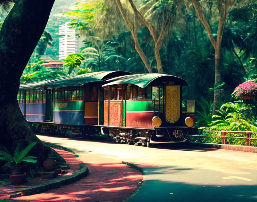 Vintage-style train in lush tropical garden with vibrant greenery and flowers