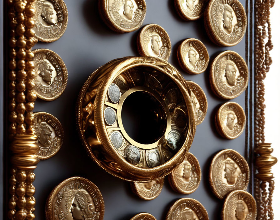 Golden Frame Surrounding Circular Void with Embossed Coin-like Discs