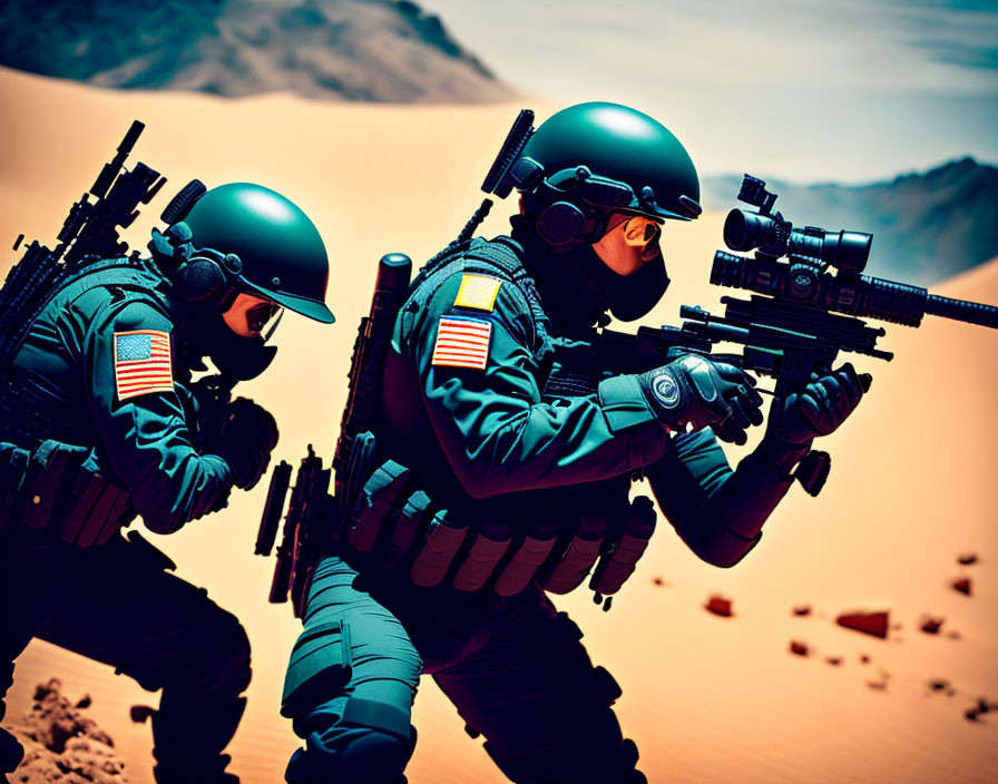 Two soldiers in tactical gear with American flag patches aiming rifles in desert.