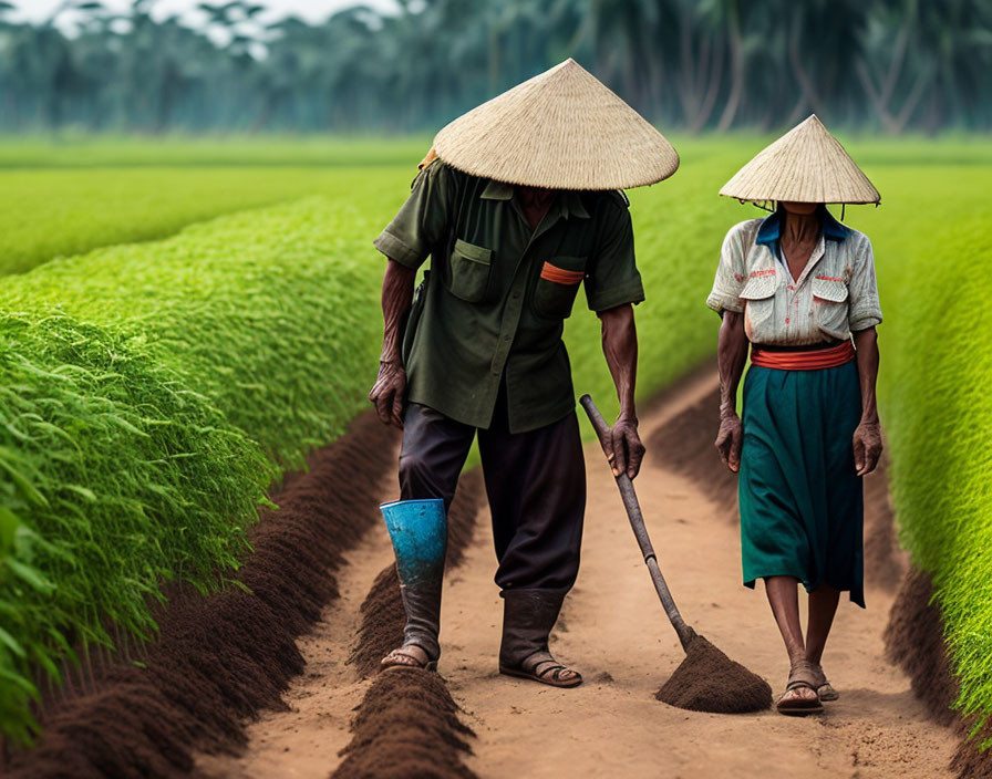 Farmers in conical hats working in paddy field: one hoeing soil, the other carrying