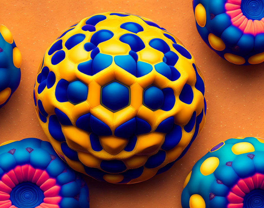 Vibrant spherical objects with blue and yellow patterns on orange background