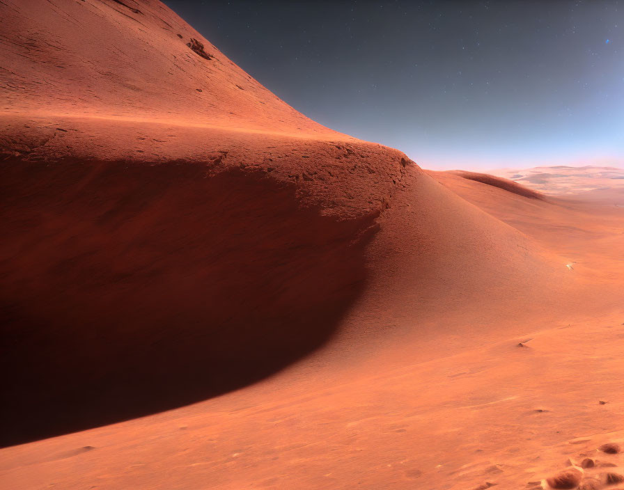 Reddish Martian landscape with rolling dunes under starry sky