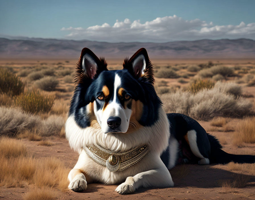 Striking Border Collie in detailed desert landscape