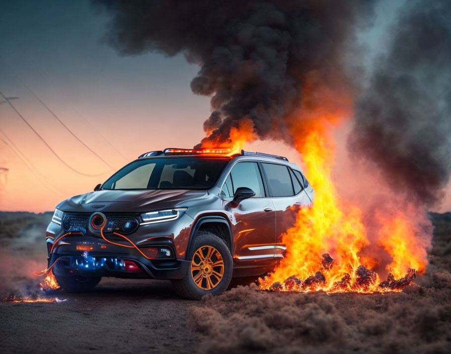 Black SUV with Orange Accents Surrounded by Flames on Road