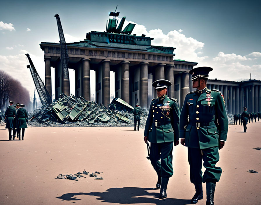 Military officers in formal uniforms walking by damaged neoclassical building with debris.